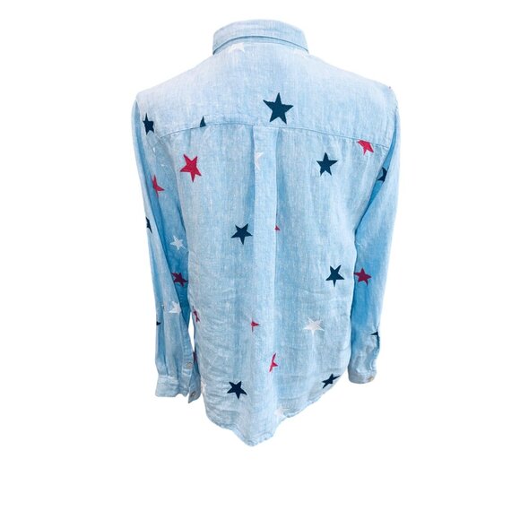 John Mark Sky Blue Embroidered Star Linen Patriotic USA Button Up Top Money - Picture 2 of 9
